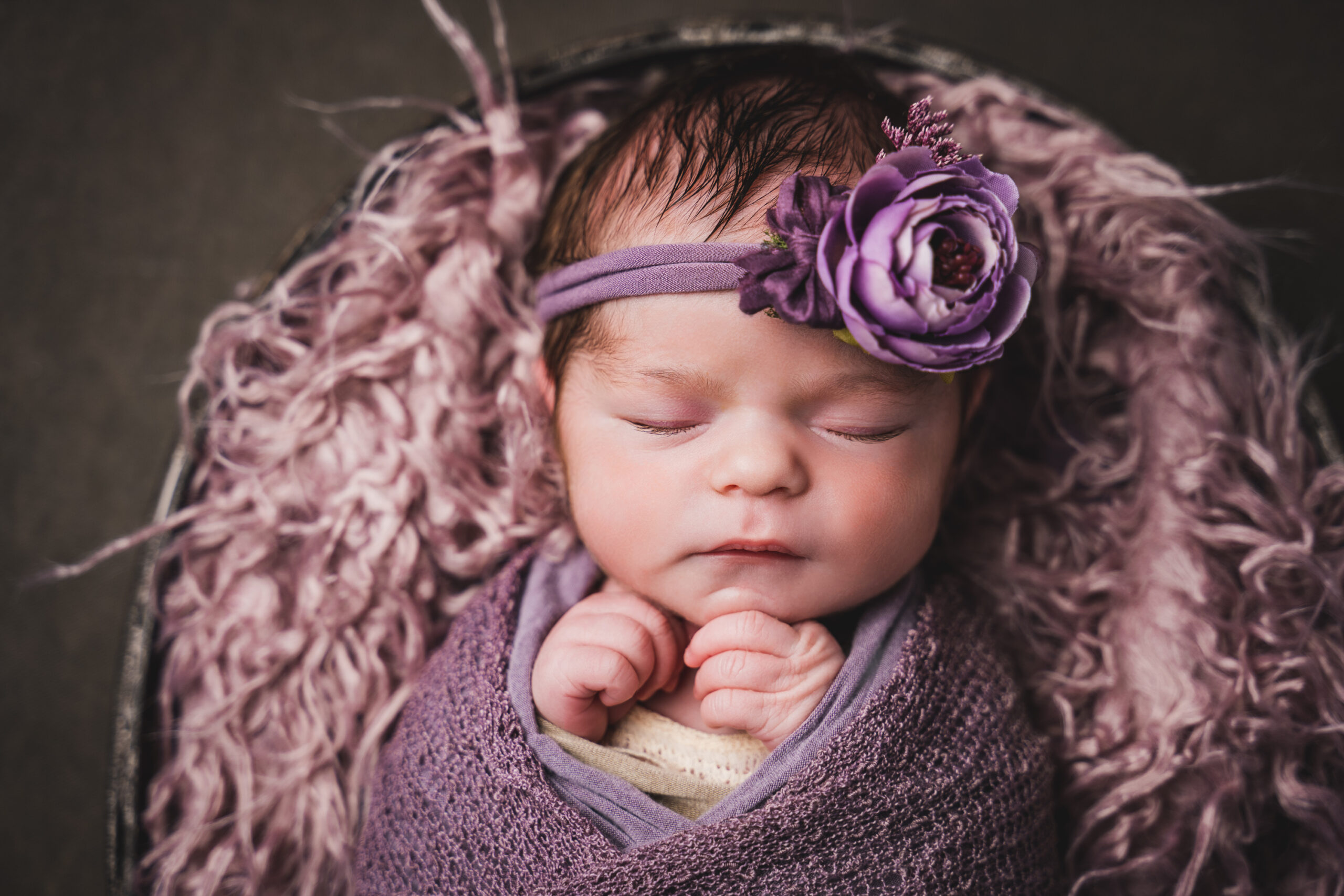 Portrait of newborn baby girl with purple theme: wrapped in purple fabric, wearing purple flower headband, on a purple flokati.