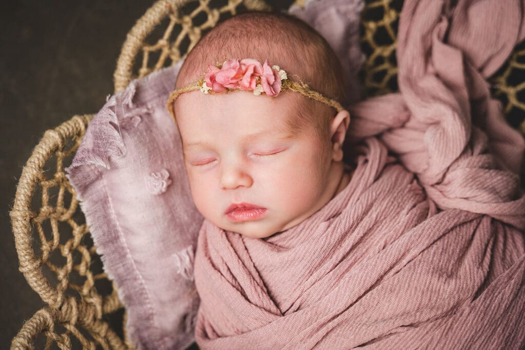 Newborn in Sausilito photoshoot in a basket with pink linens