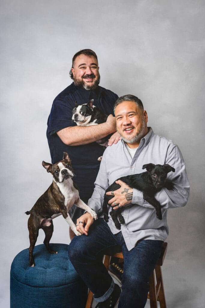 Playful moment with family and their pets