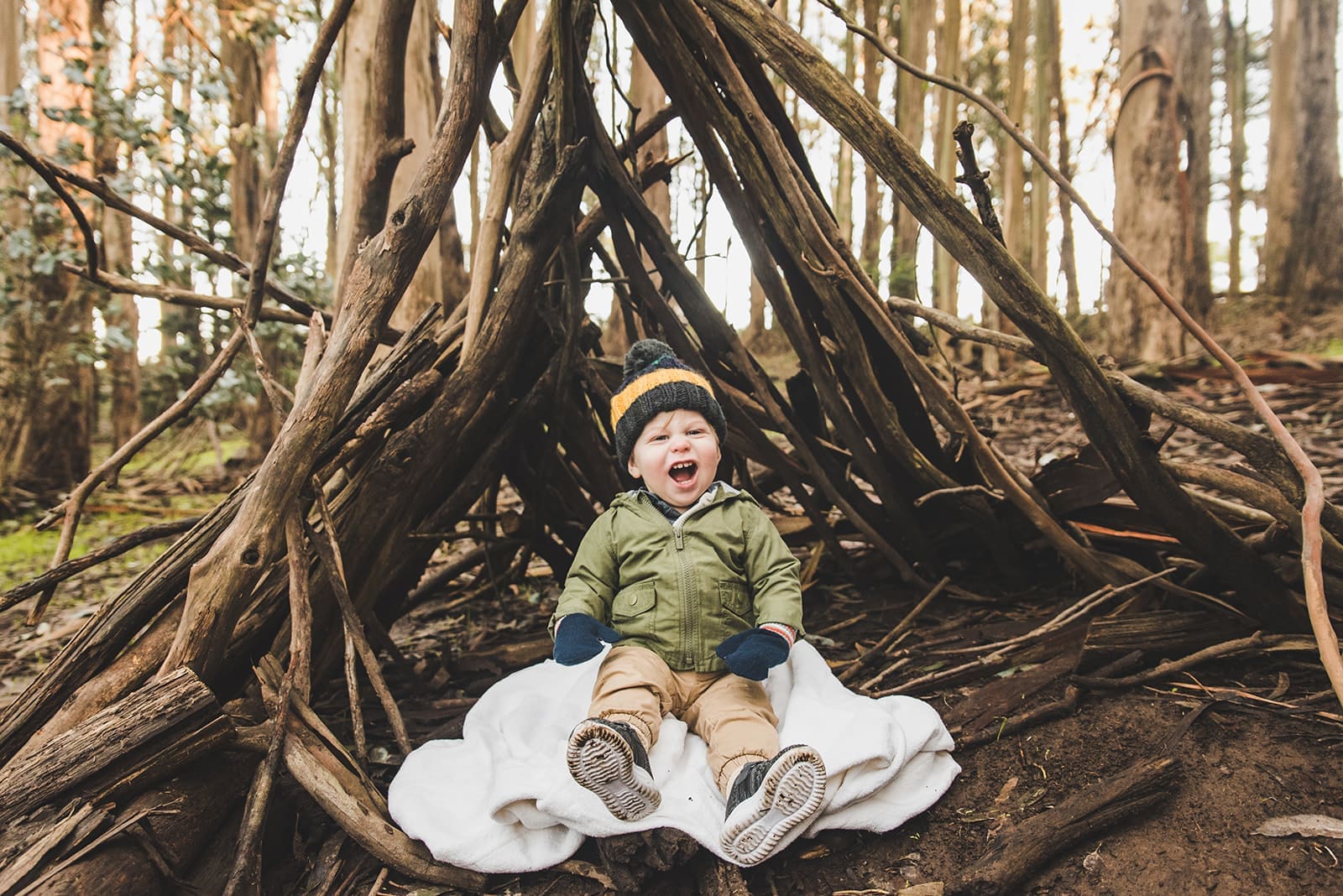 Family photos at Lovers Lane in the Presidio surrounded by eucalyptus trees and soft forest light