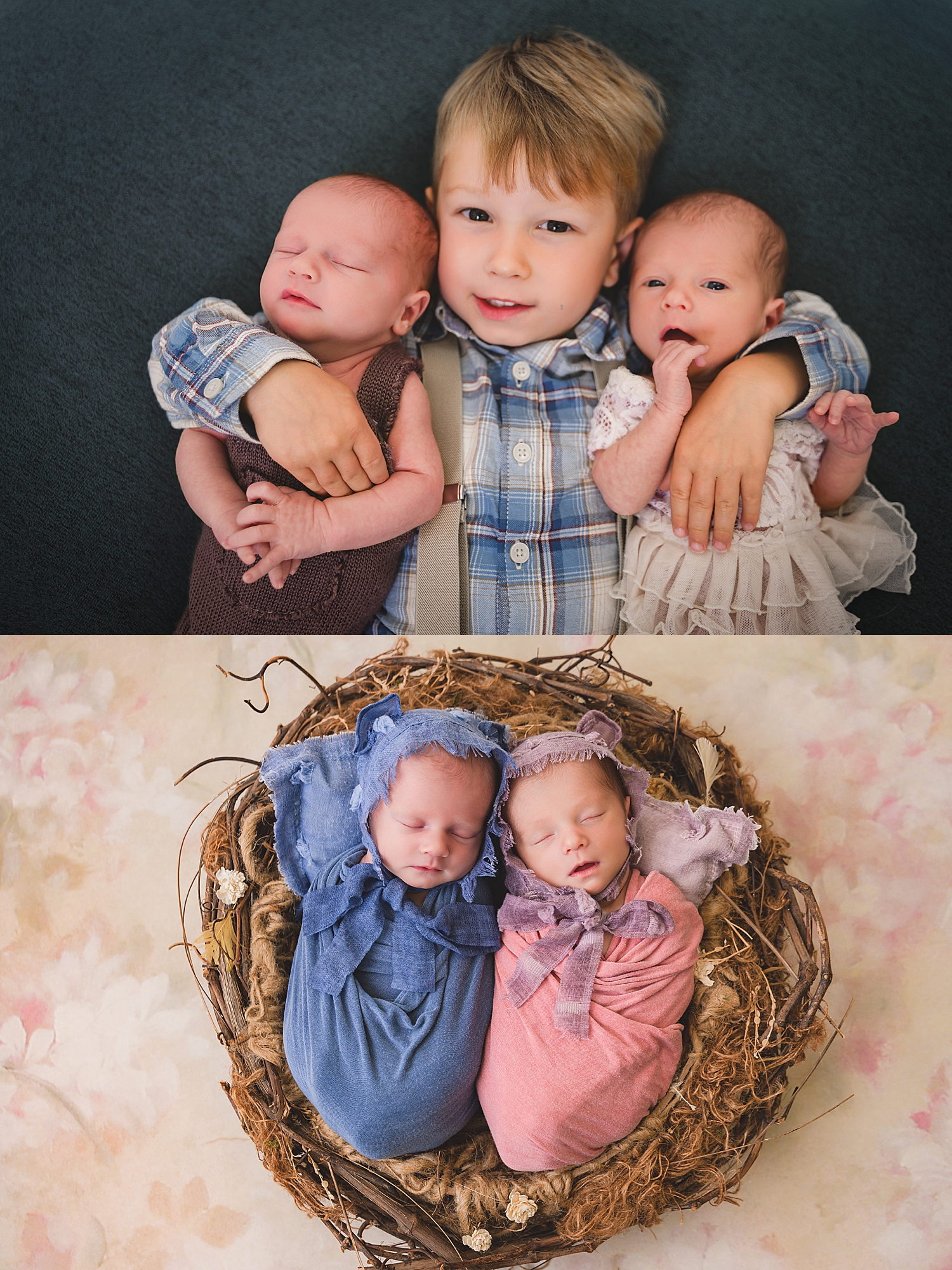 toddler holds two twin 4 day old babies by Mini Anna Photography