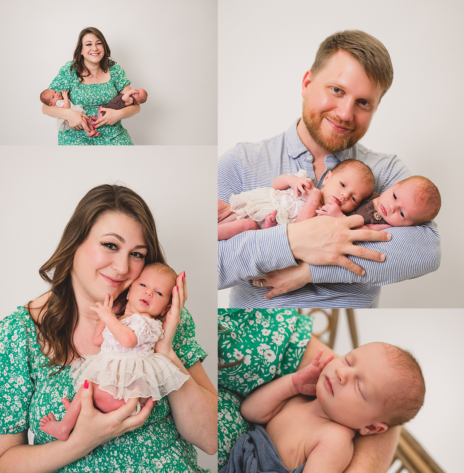 parents hold twin newborns in a studio by San Francisco family photographer