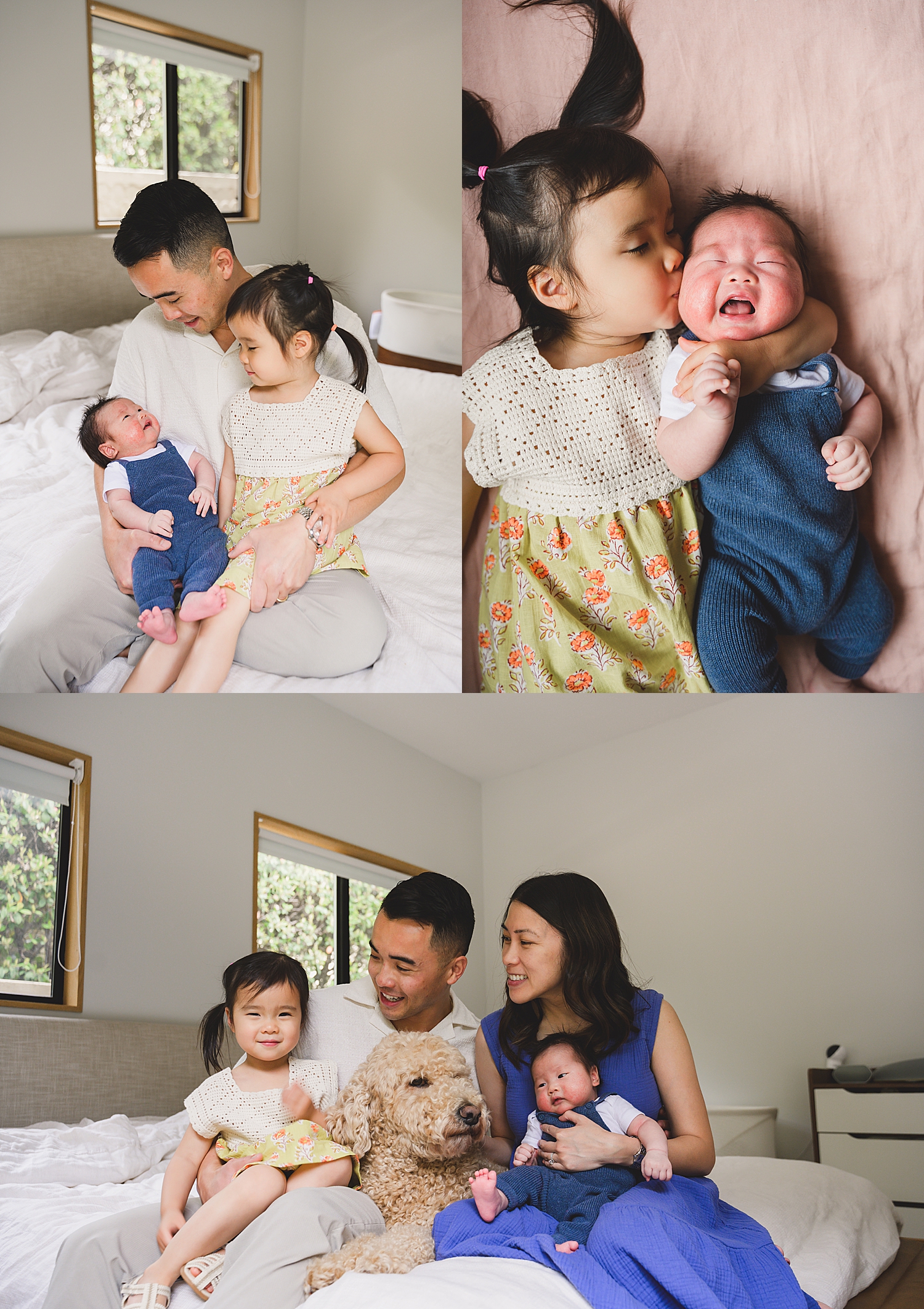 parents snuggle baby on bed showing when to book your newborn photographer