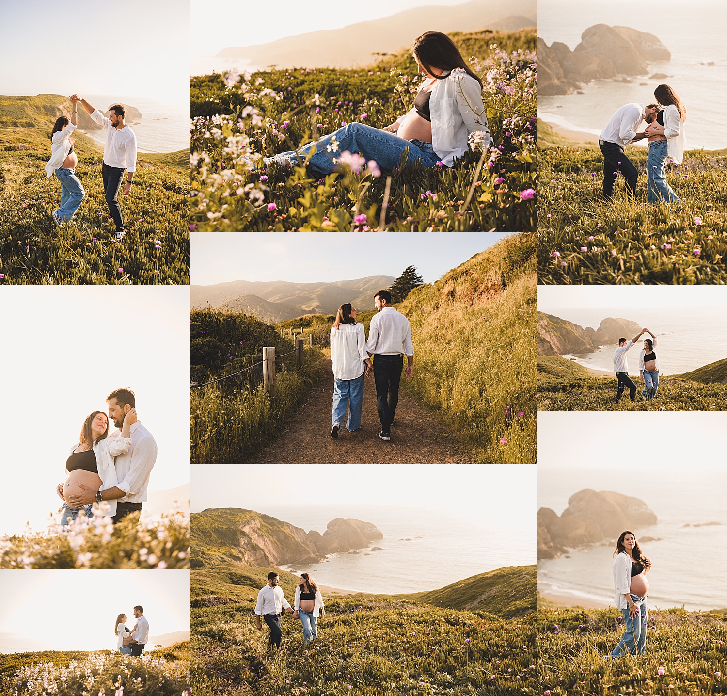 expecting couple walks on cliffside overlooking beaches by Mini Anna Photography