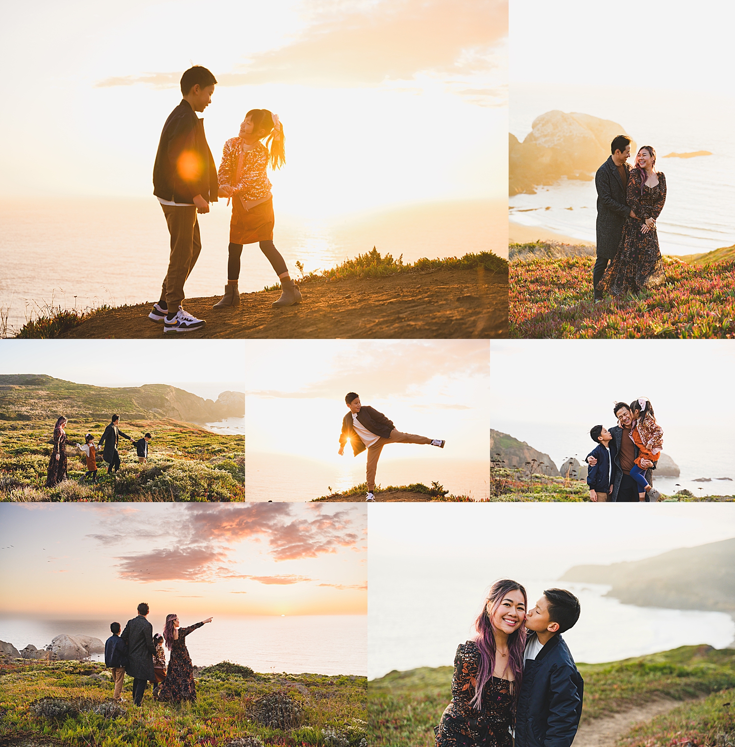 parents play with their two kids during golden hour on cliff overlooking Marin beach