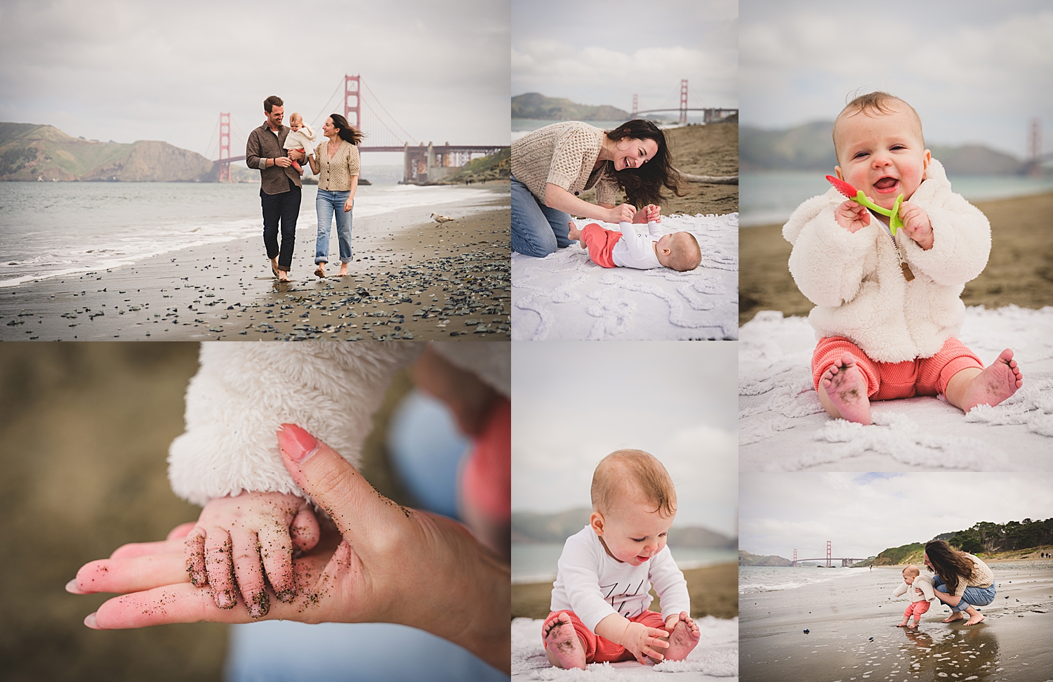 parents with toddler play with Golden Gate Bridge in background 