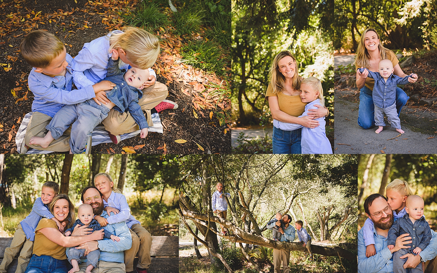 mom and dad play in woods with 3 kids by San Francisco Family Photographer