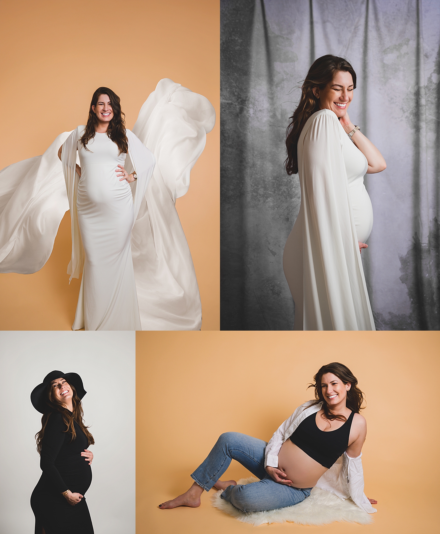 pregnant woman in studio wearing white and black by Mini Anna Photography