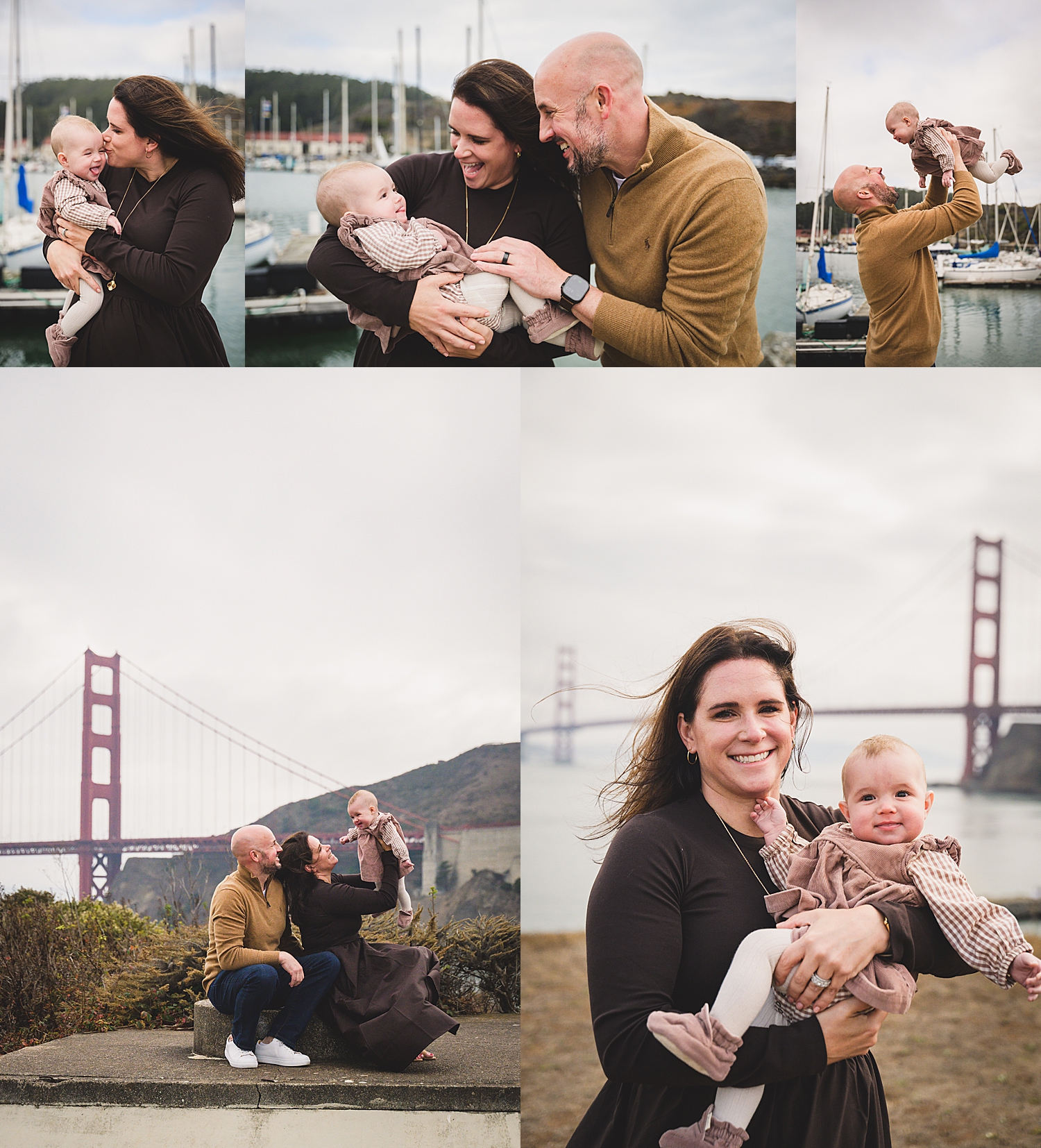 parents snuggle baby near docks by Golden Gate Bridge Mini Anna Photography